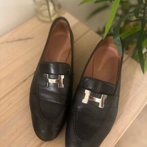 Hermes Black Leather Loafers with Silver Accent